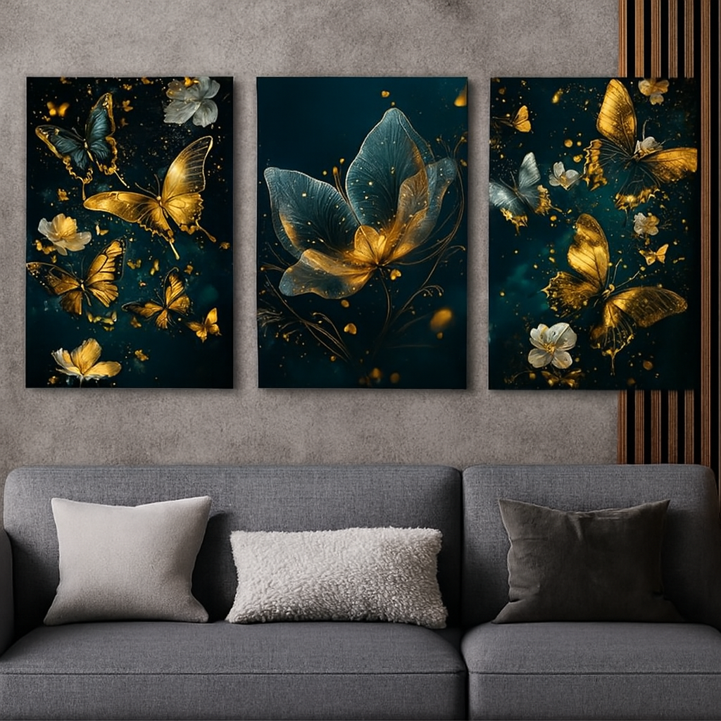 3 Pcs Butterfly Wall Art Frame Set – Elegant Golden Butterfly And Floral Design With Wooden Sticky Tile – 8x11 Inches With Double Tape View Gallery - Pakistan