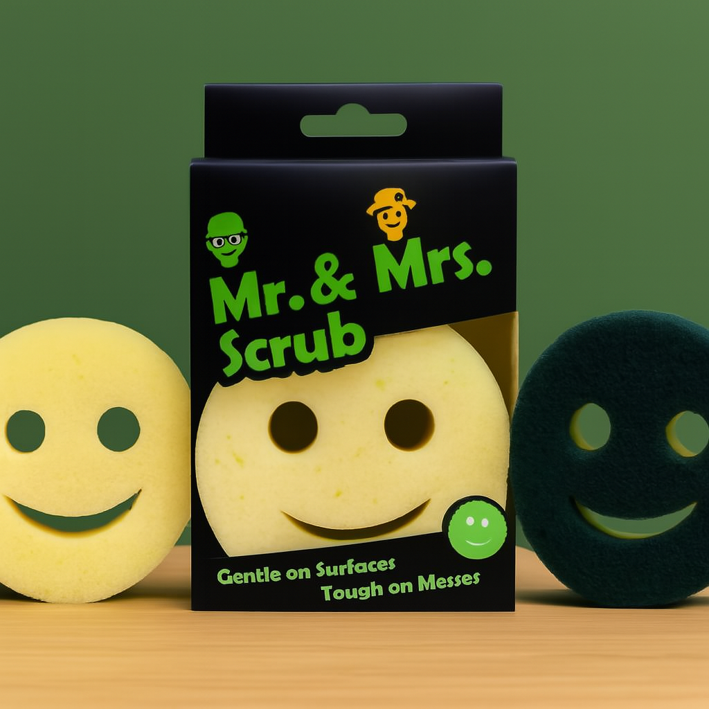 Smiley Face Scrub Sponge – Mr. &amp; Mrs. Scrub | Gentle on Surfaces, Tough on Messes
