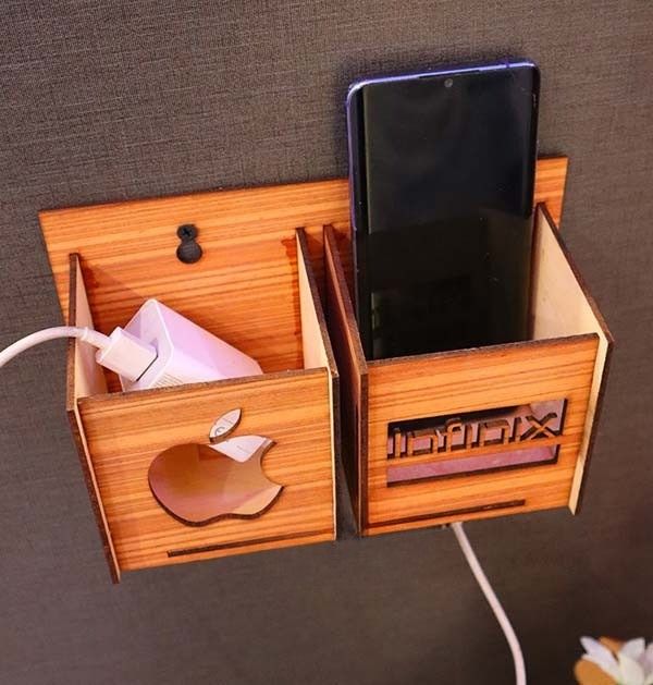 Wall Mounted Wooden Mobile Charging Holder – Phone &amp; Charger Organizer for Home &amp; Office