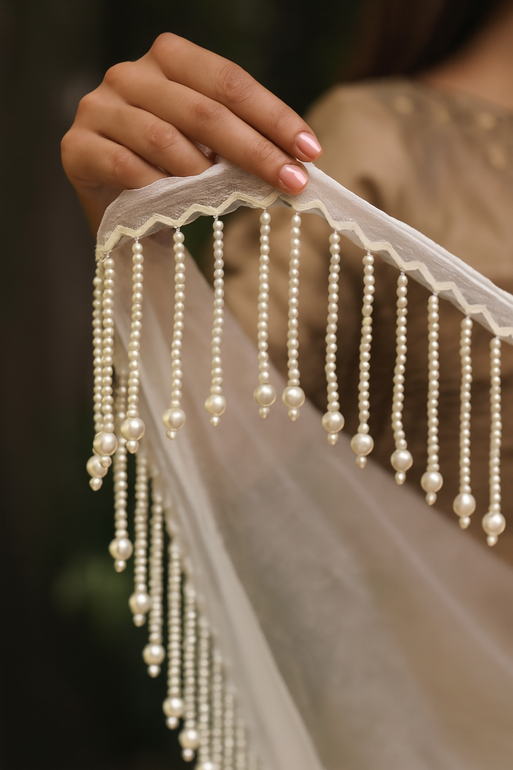 Pearl Latkan Hanging Lace Border for Dupatta &amp; Dress Decoration – 1 Gaz (Approx. 1 Yard)