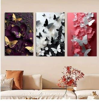 Butterfly Wall Art Set – 3 Wooden Frames (8x11”) with Elegant Floral & Nature Designs | Easy Wall Mounting with Double Tape View Gallery - Pakistan