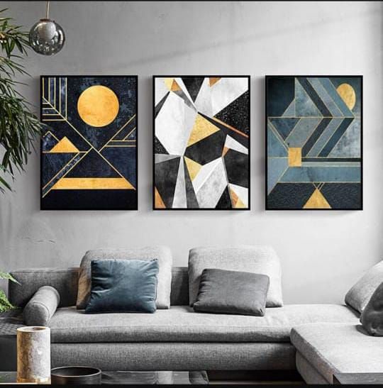 Modern Abstract Wall Art Set – 3 Wooden Frames (8x11”) with Geometric Gold & Black Designs | Easy Wall Mounting with Double Tape View Gallery - Pakistan