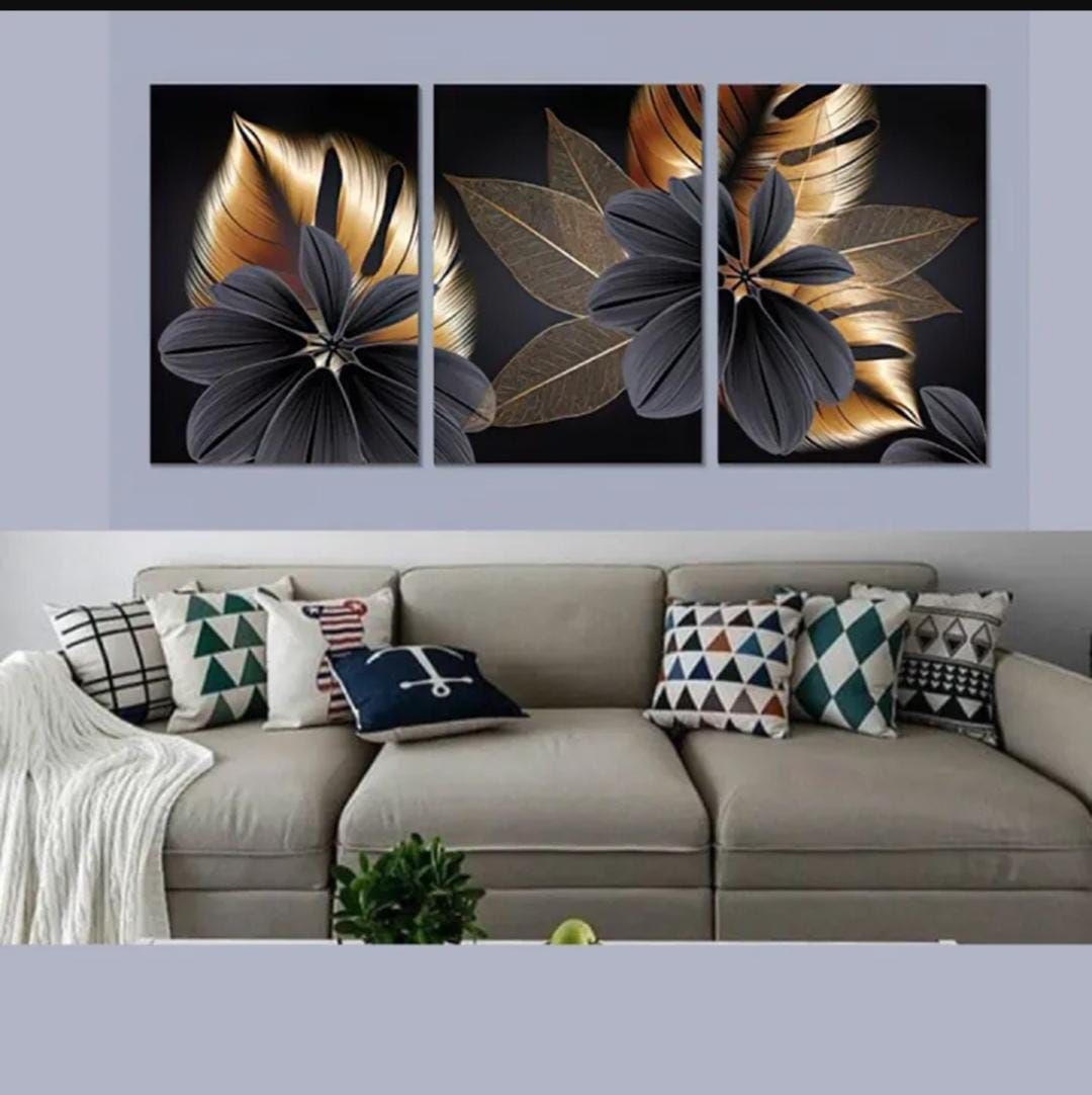 Luxury Floral Wall Art Set – 3 Wooden Frames (8x11”) with Elegant Black &amp; Gold Botanical Design | Easy Wall Mounting with Double Tape
