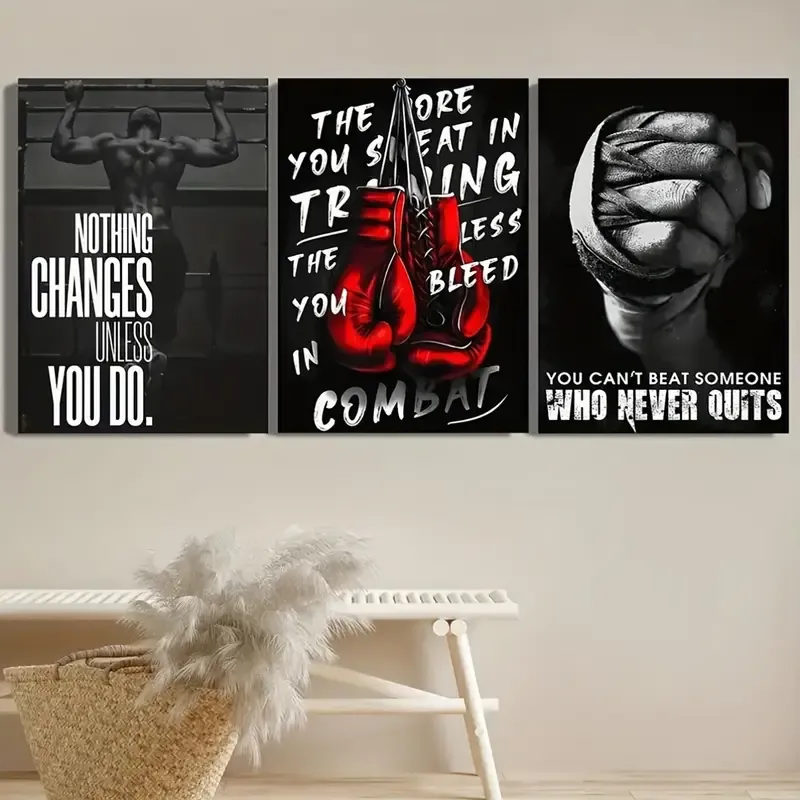 3-Piece Sports Wall Décor – Boxing Motivational Quote Prints, Athletic Black &amp; White Art (8x11 Inches Each)