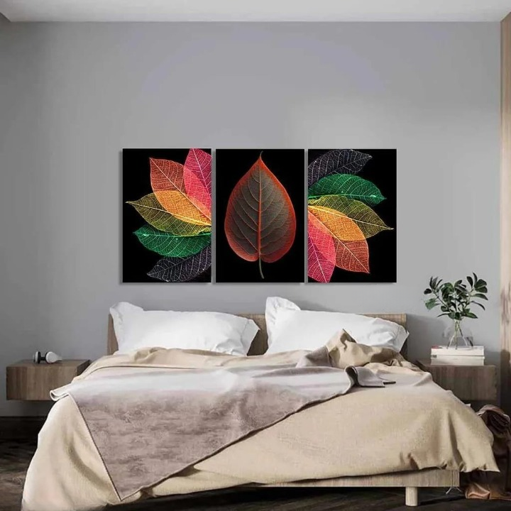 Translucent Leaf Triptych – Set of 3 Wooden Frame Wall Art Panels with Double Tape for Easy Mounting (Available in Two Sizes)