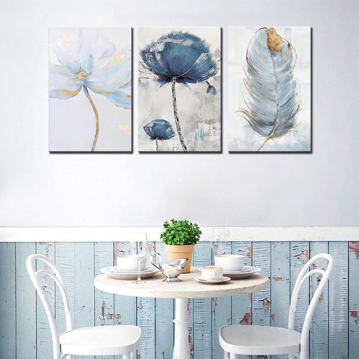 Set of 3 Fresh Posters – Flowers &amp; Feather Wall Art Prints (8x11 Inches) with Double Tape