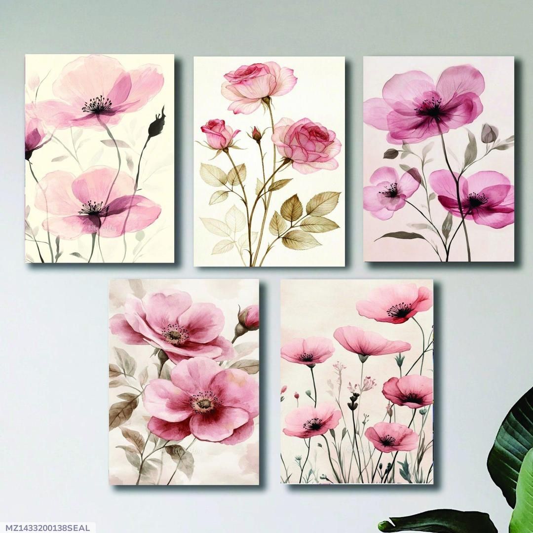Set of 5 Floral Wooden Wall Frames – 8x11 Inch Decorative Art Panels with Double Tape View Gallery - Pakistan