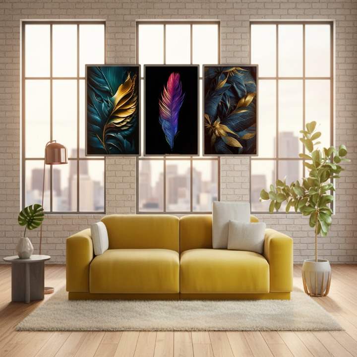 3-Piece Feather Design Wall Art Frames – Modern Decorative Wall Hanging Set, 8x11 Inches Each with Double Tape for Easy Installation View Gallery - Pakistan