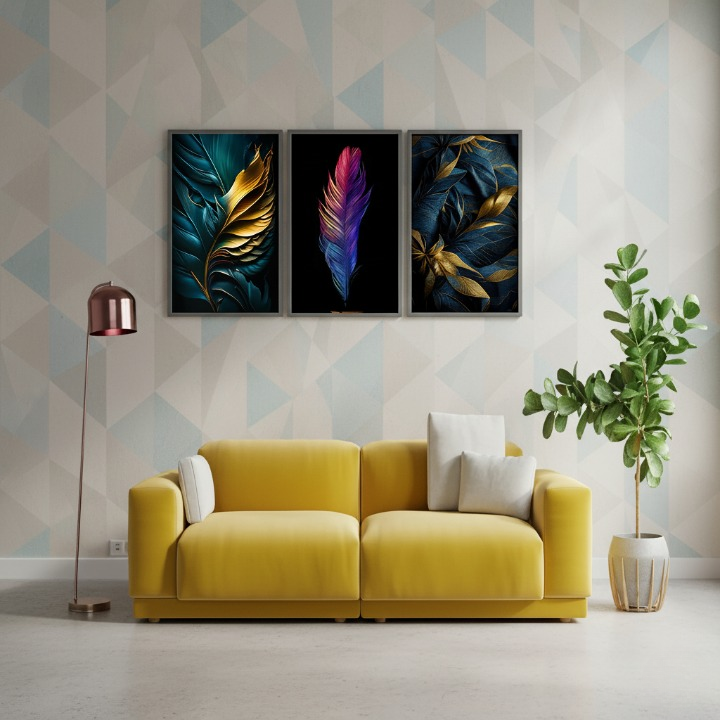 3-Piece Feather Design Wall Art Frames – Modern Decorative Wall Hanging Set, 8x11 Inches Each with Double Tape for Easy Installation View Gallery - Pakistan