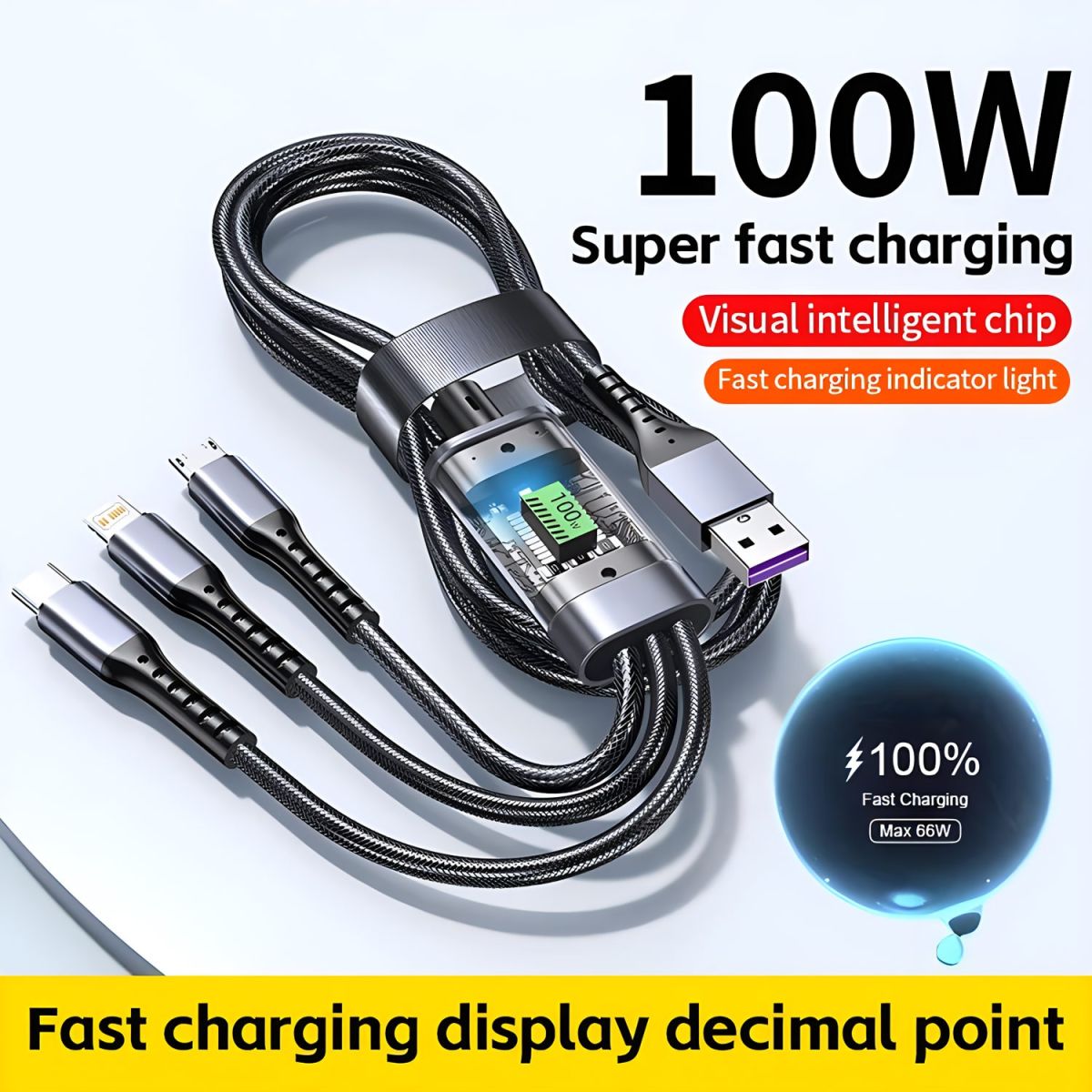 100W 5A Fast Charging 3-in-1 USB Cable – Multi Charging Cable with Type-C, Micro USB &amp; Lightning Connectors | Durable &amp; High-Speed Data Transfer