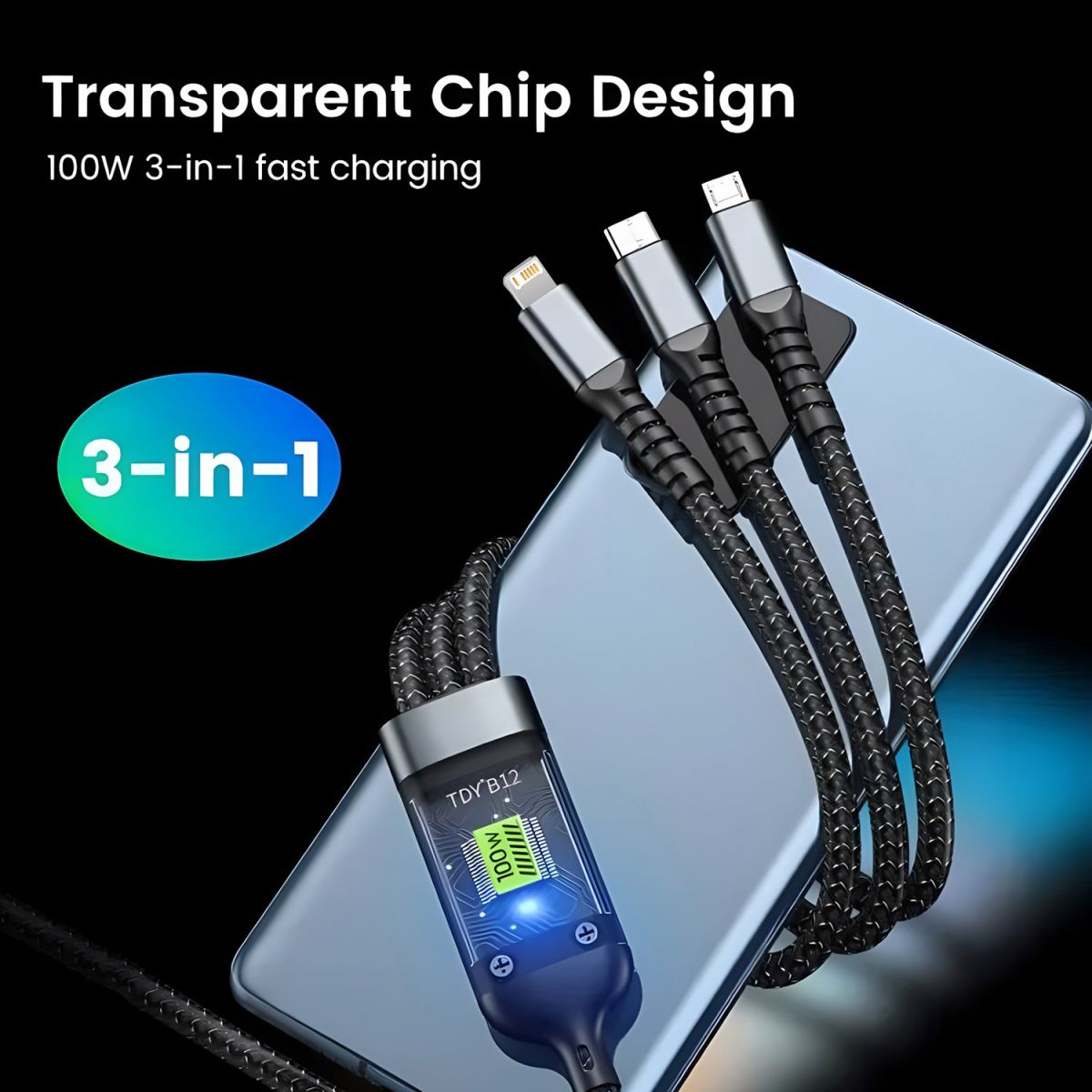 100W 5A Fast Charging 3-in-1 USB Cable – Multi Charging Cable with Type-C, Micro USB & Lightning Connectors | Durable & High-Speed Data Transfer View Gallery - Pakistan