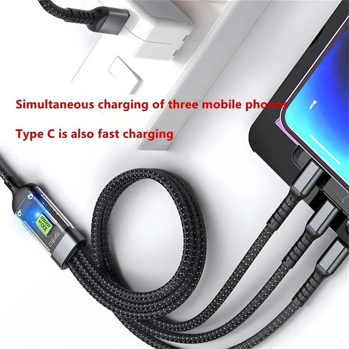100W 5A Fast Charging 3-in-1 USB Cable – Multi Charging Cable with Type-C, Micro USB & Lightning Connectors | Durable & High-Speed Data Transfer View Gallery - Pakistan