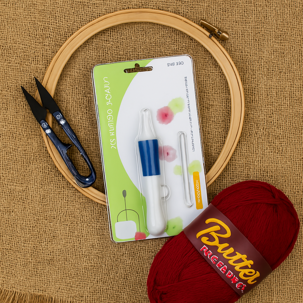 3D Embroidery Punch Needle Kit with 10 Inch Wooden Hoop, Jute Cloth (20x36 inch), Thread, Scissors &amp; Tools – Complete Handcraft Embroidery Set (Maroon Yarn)