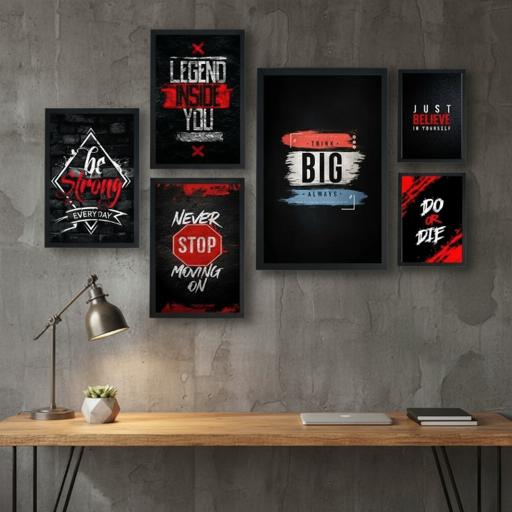 Motivational Wooden Wall Art Frame Set – 6 Pcs Inspirational Quotes | Be Strong, Think Big, Never Stop, Do or Die | Premium Quality Wooden Frames for Home & Office View Gallery - Pakistan
