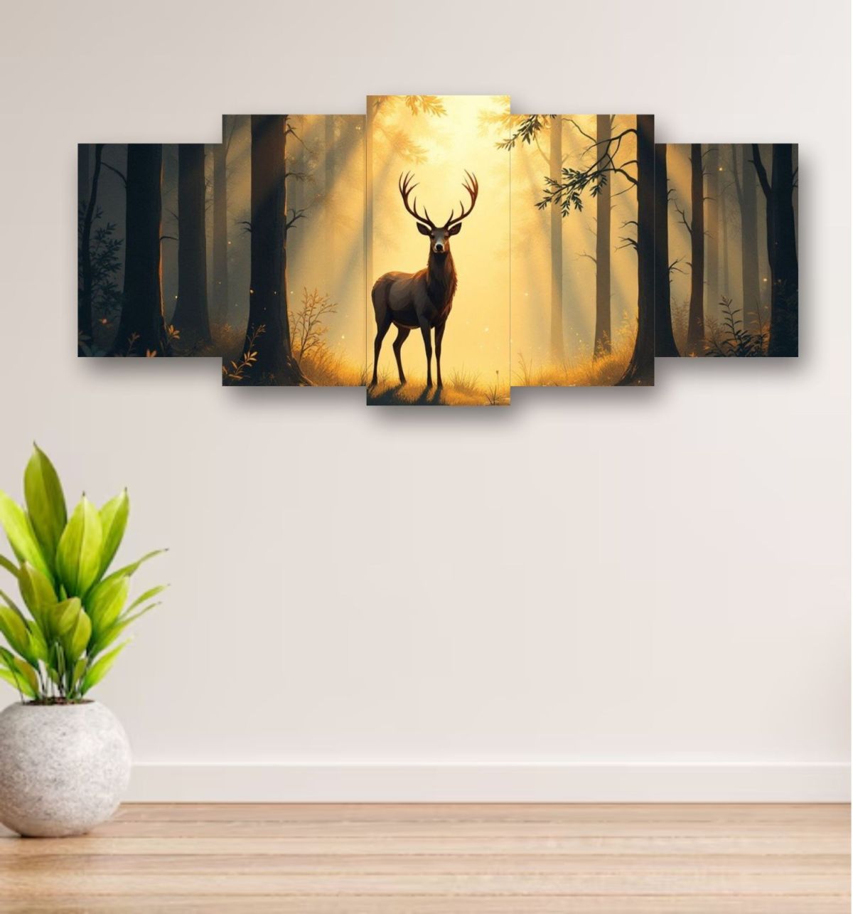 5-Piece Wooden Wall Frame – Deer in Forest Sunset Design | 16x40 Inch with Sticky Tiles View Gallery - Pakistan