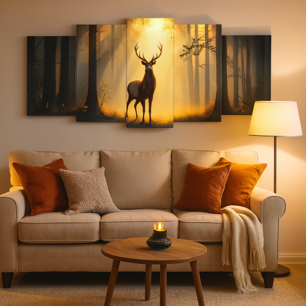 5-Piece Wooden Wall Frame – Deer in Forest Sunset Design | 16x40 Inch with Sticky Tiles View Gallery - Pakistan