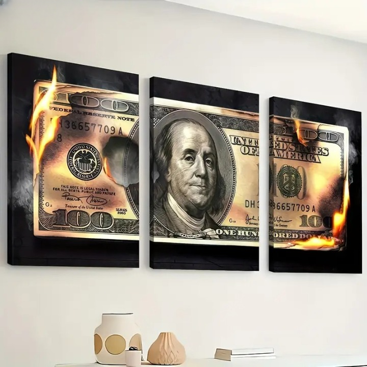 Dollar Wooden Sticky Wall Art – 3 Piece Modern Decorative Frame Set, 8x11 inch Each, Wooden Sticky Frame with Easy Wall Mount Sticky Tape