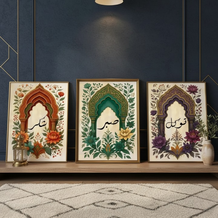 Tawakkul | Sabar | Shukar Wooden Sticky Wall Art – 3 Piece Islamic Motivational Frame Set, 8x11 inch Each with Easy Sticky Tape Installation View Gallery - Pakistan