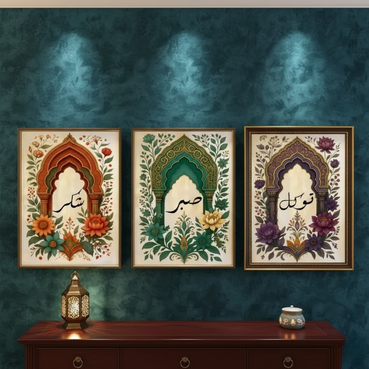 Tawakkul | Sabar | Shukar Wooden Sticky Wall Art – 3 Piece Islamic Motivational Frame Set, 8x11 inch Each with Easy Sticky Tape Installation View Gallery - Pakistan