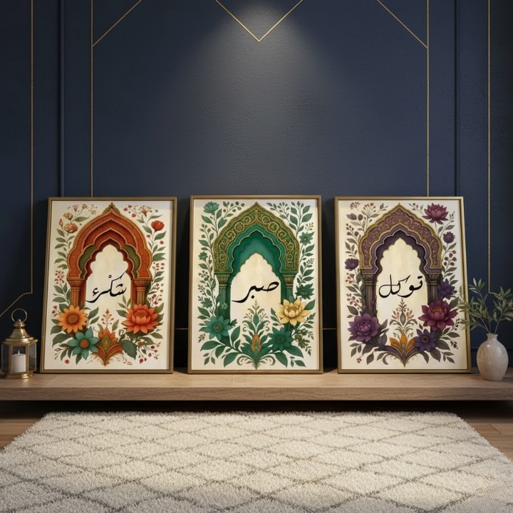 Tawakkul | Sabar | Shukar Wooden Sticky Wall Art – 3 Piece Islamic Motivational Frame Set, 8x11 inch Each with Easy Sticky Tape Installation View Gallery - Pakistan