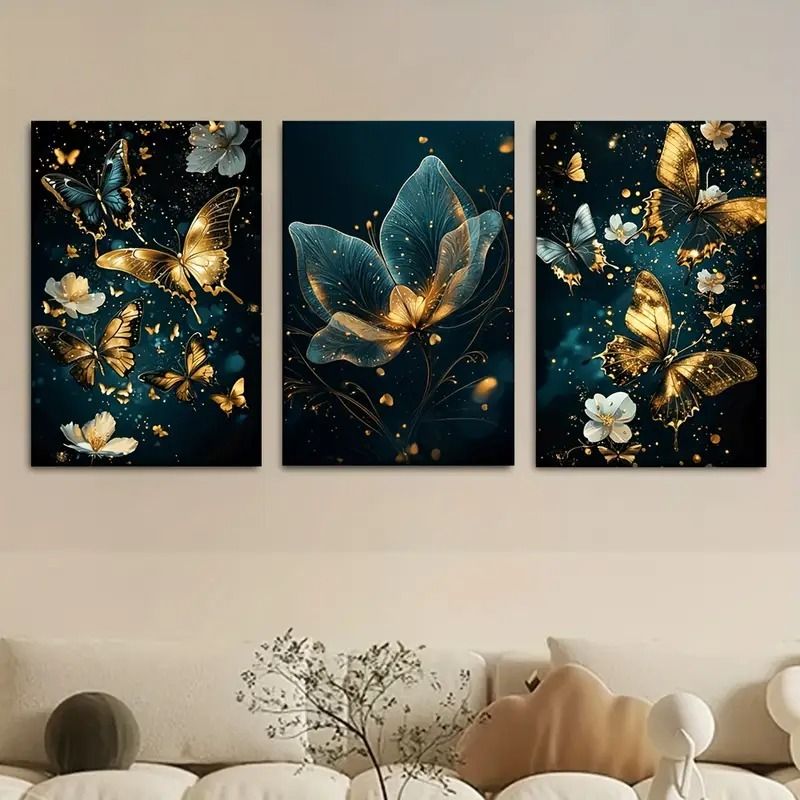 Butterfly Floral Wall Art – 3-Piece 8x11” Wooden Sticky Tile Panels with Adhesive Tape for Easy Mounting View Gallery - Pakistan