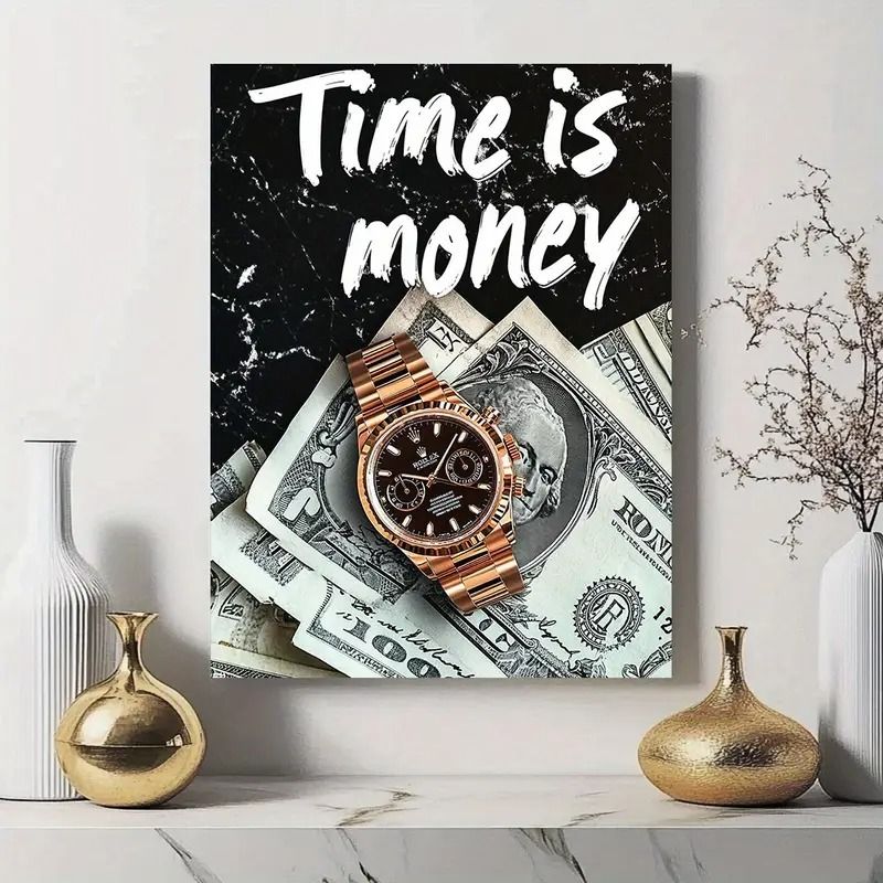 Time is Money Wall Art Frame – Inch Wooden Sticky Tile with Watch & Dollar Design, Self-Adhesive Home Decor View Gallery - Pakistan