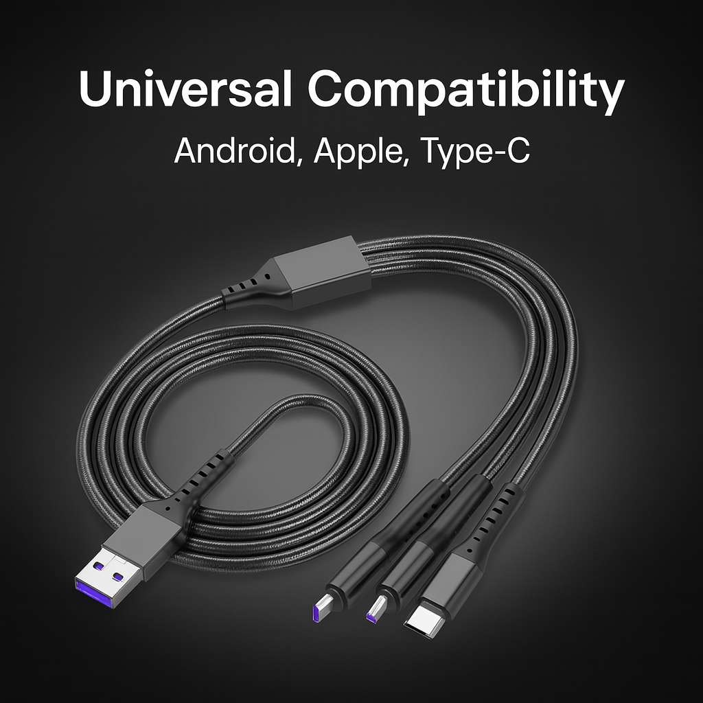 3-in-1 Metal Fast Charging Cable – Micro USB, Type-C & iPhone | Original Copper | Multi-Color Options (Random color) View Gallery - Pakistan