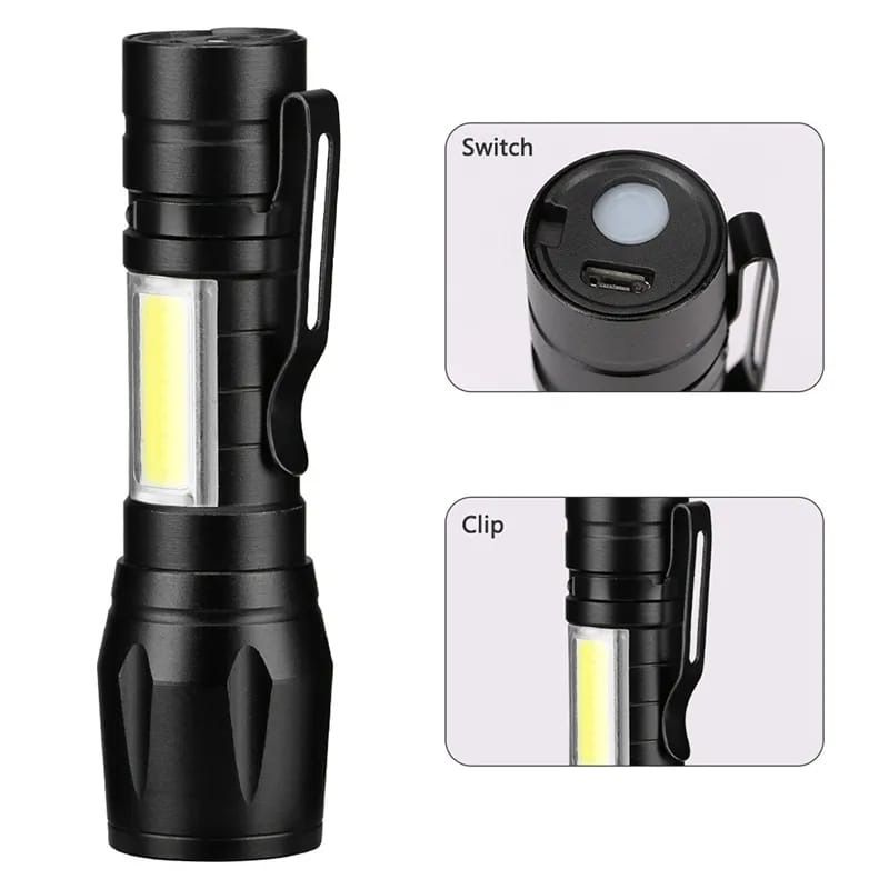 Mini Rechargeable LED Flashlight – Waterproof Torch with USB Fast Charging & Side Lamp View Gallery - Pakistan