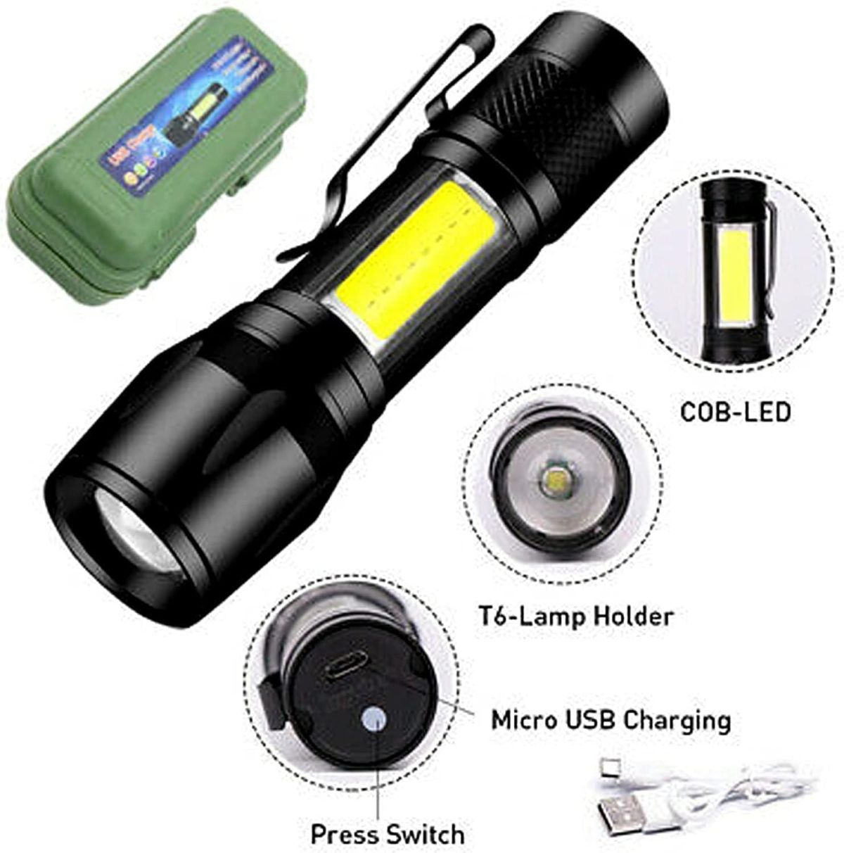 Mini Rechargeable LED Flashlight – Waterproof Torch with USB Fast Charging & Side Lamp View Gallery - Pakistan