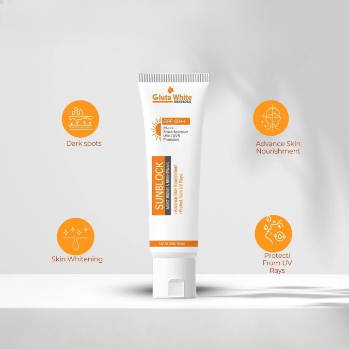 GlutaWhite Skin Brightening Sunblock SPF60 – Advanced UVA/UVB Protection, Oil-Free &amp; Long-Lasting Moisture (60gm) View Gallery - Pakistan