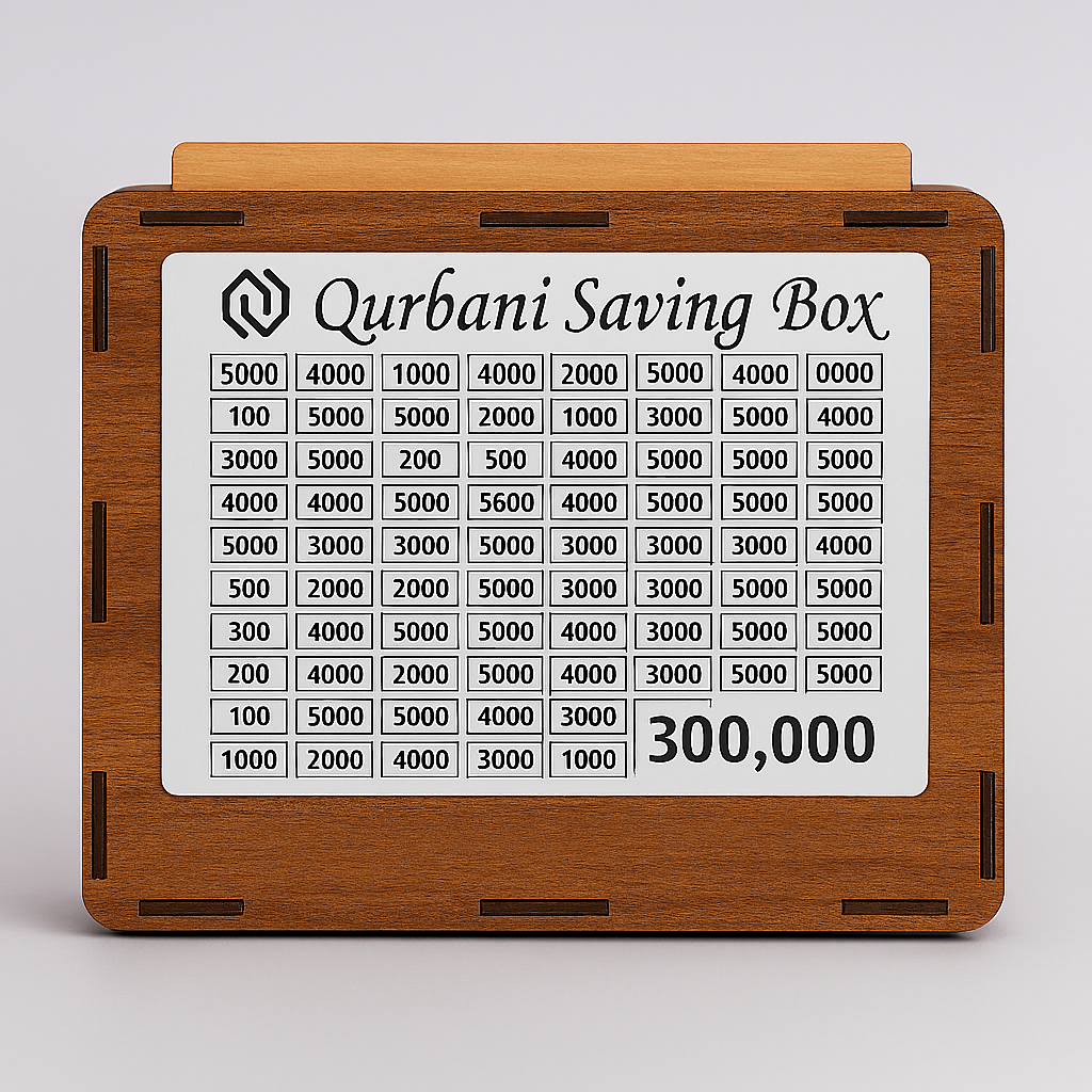 Wooden Saving Box with 3 Stickers (Qurbani, Umrah &amp; Money Saving) – Target Chart Money Bank View Gallery - Pakistan
