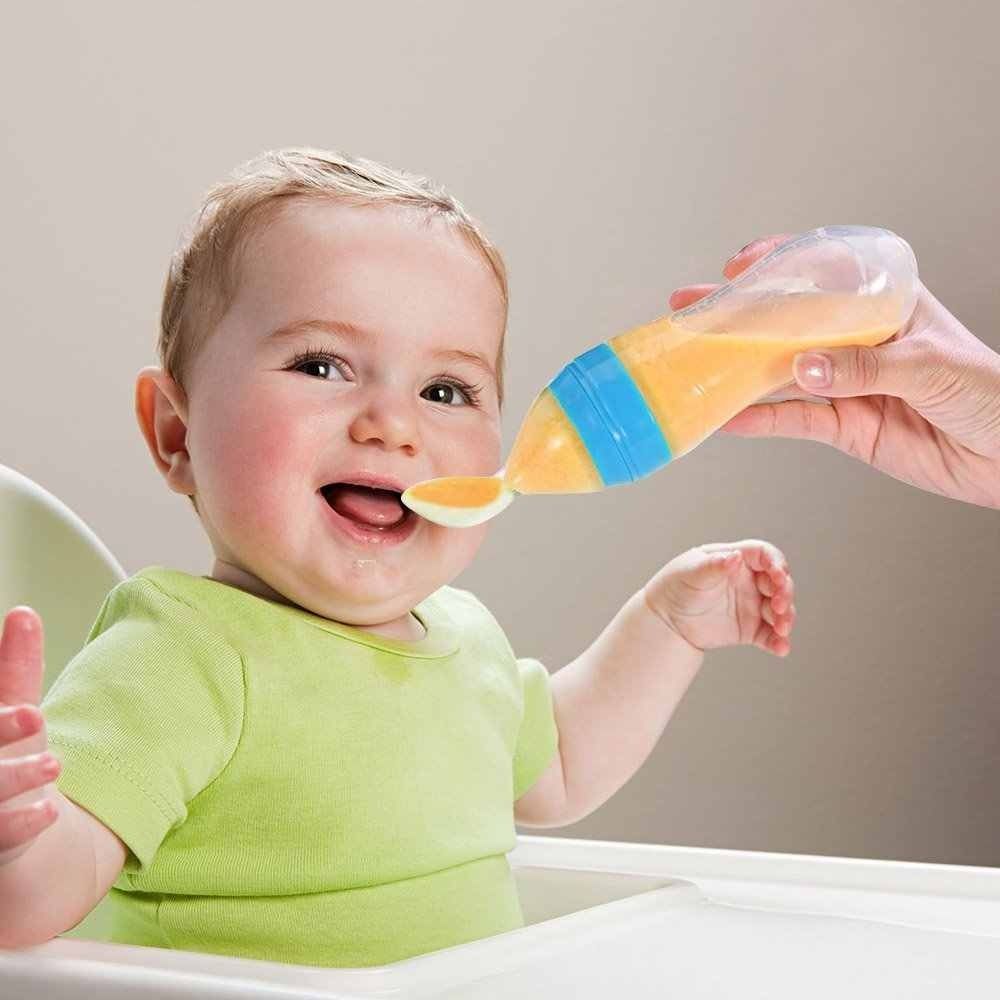 Silicone Baby Spoon Squeezing Feeding Bottle Feeder – Soft, Safe &amp; Easy Baby Food Dispenser (Random color) View Gallery - Pakistan