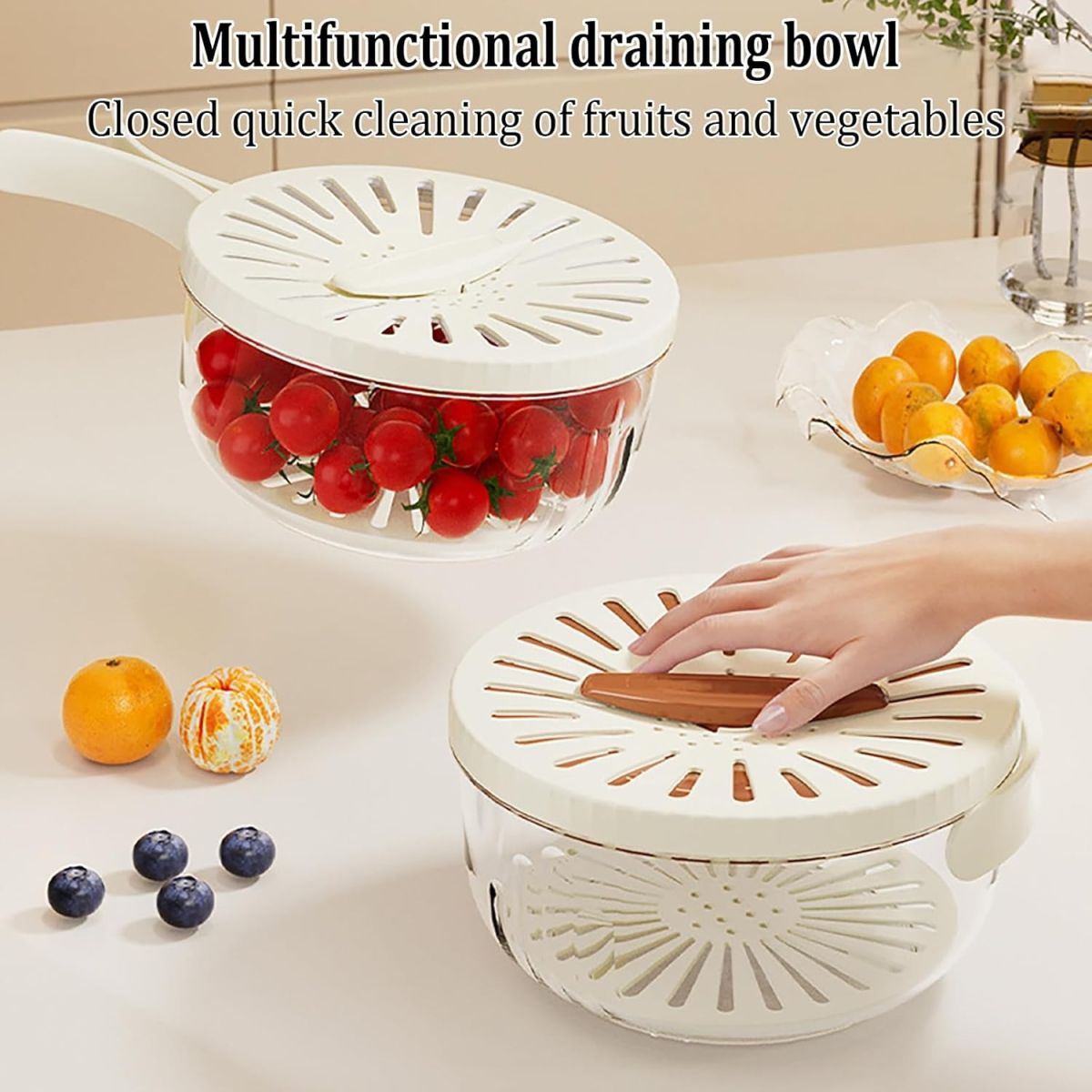 Kitchen Fruit Drainage Basket with Lid – Multi functional Dual-Layer Bowl for Washing, Draining &amp;amp; Storing Fruits and Vegetables, Foldable Handle Design, White