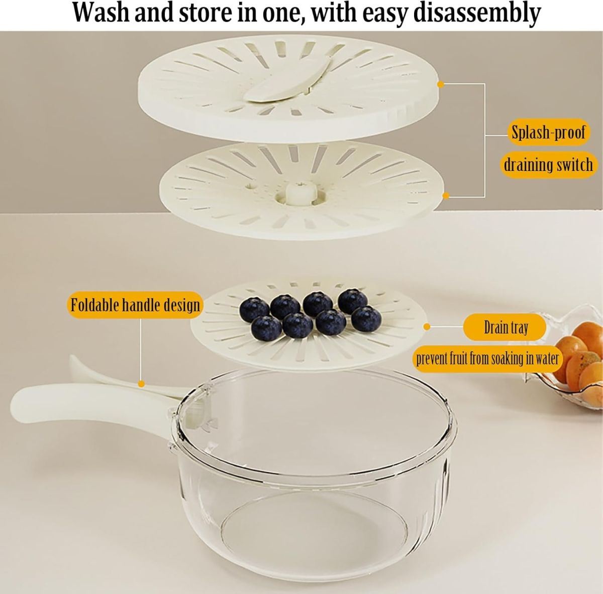 Kitchen Fruit Drainage Basket with Lid – Multi functional Dual-Layer Bowl for Washing, Draining &amp; Storing Fruits and Vegetables, Foldable Handle Design, White View Gallery - Pakistan