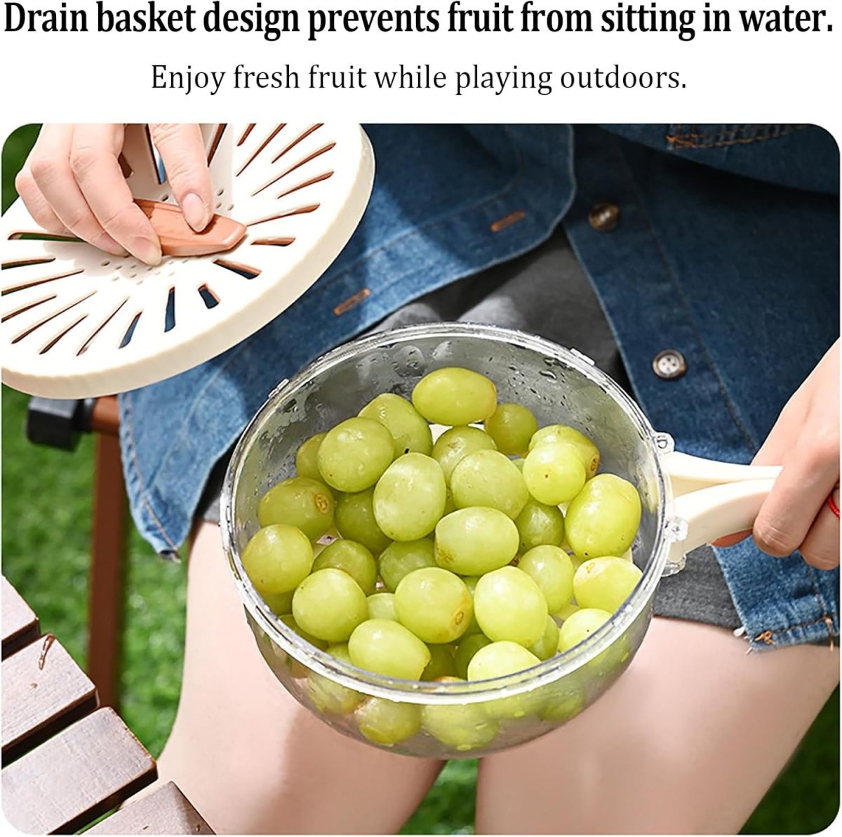 Kitchen Fruit Drainage Basket with Lid – Multi functional Dual-Layer Bowl for Washing, Draining &amp; Storing Fruits and Vegetables, Foldable Handle Design, White View Gallery - Pakistan