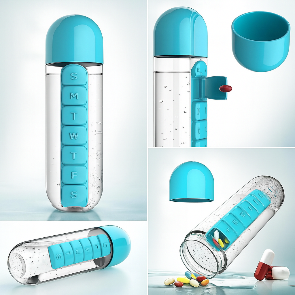 2-in-1 Medicine Organizer with Water Bottle – 7 Days Pill Box, 600ml BPA-Free Drinking Bottle, Removable Cup, Compact Travel Pill Planner for Kids, Adults &amp;amp; Elderly