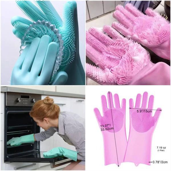 Magic Silicone Dish washing Gloves – Reusable Rubber Cleaning Gloves with Built-In Scrubber for Kitchen &amp;amp; Household Use (Random color)