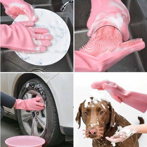 Magic Silicone Dish washing Gloves – Reusable Rubber Cleaning Gloves with Built-In Scrubber for Kitchen &amp; Household Use (Random color) View Gallery - Pakistan