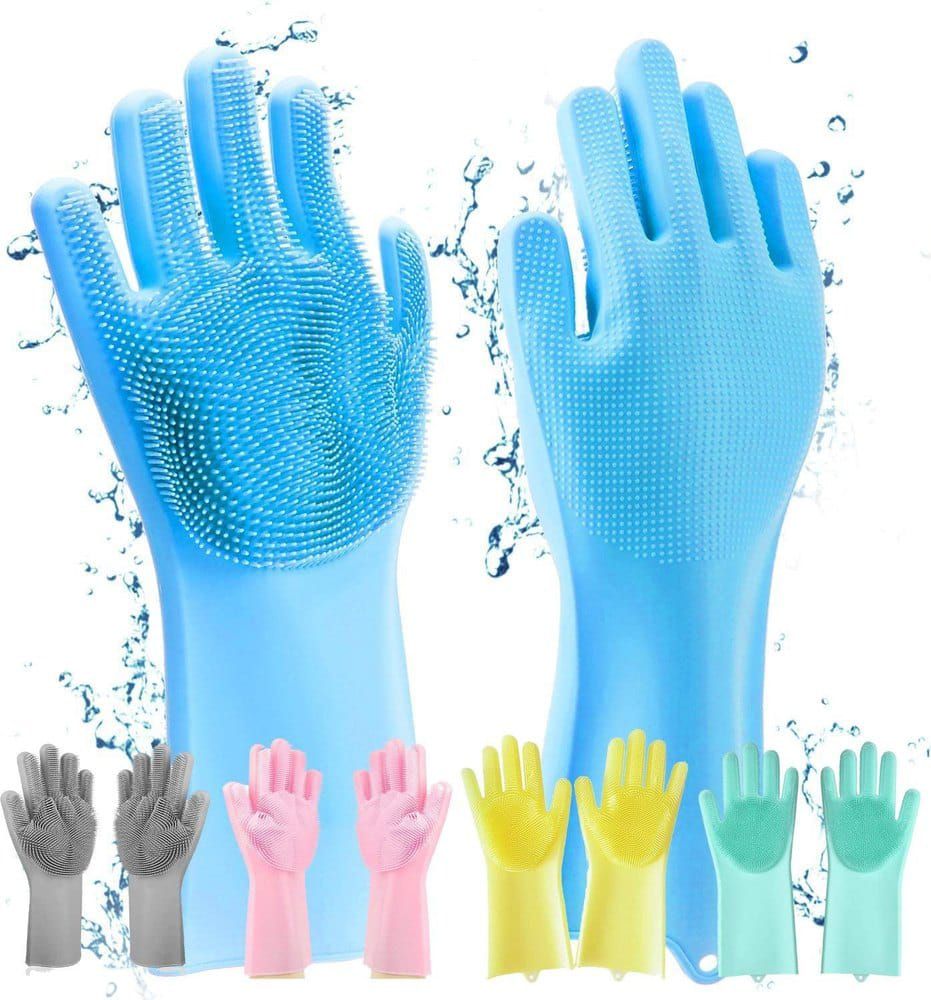 Magic Silicone Dish washing Gloves – Reusable Rubber Cleaning Gloves with Built-In Scrubber for Kitchen &amp; Household Use (Random color) View Gallery - Pakistan