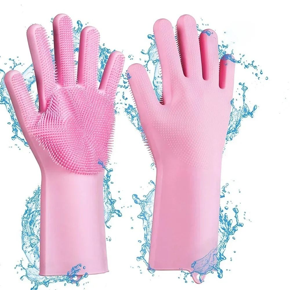 Magic Silicone Dish washing Gloves – Reusable Rubber Cleaning Gloves with Built-In Scrubber for Kitchen &amp; Household Use (Random color) View Gallery - Pakistan