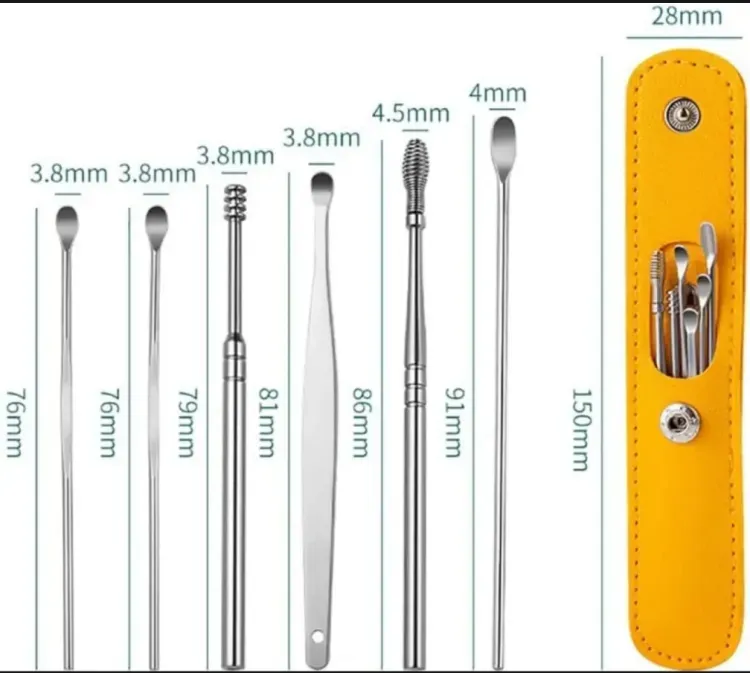 6Pcs Stainless Steel Ear Cleaner Set – Ear Wax Removal Curette Kit with Pickers &amp; Spoon Tools View Gallery - Pakistan