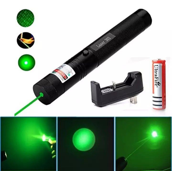 Special Edition High-Power 303 Green Laser Pointer with Adjustable Focus, 8 Designs &amp; Shapes, 5km Range – Rechargeable Battery, Charger &amp; Safety Lock View Gallery - Pakistan