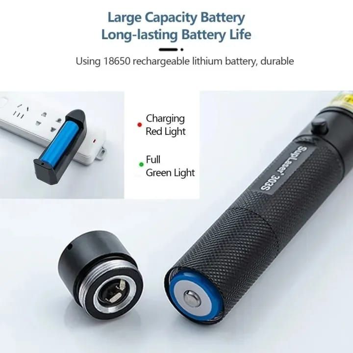 Special Edition High-Power 303 Green Laser Pointer with Adjustable Focus, 8 Designs &amp; Shapes, 5km Range – Rechargeable Battery, Charger &amp; Safety Lock View Gallery - Pakistan