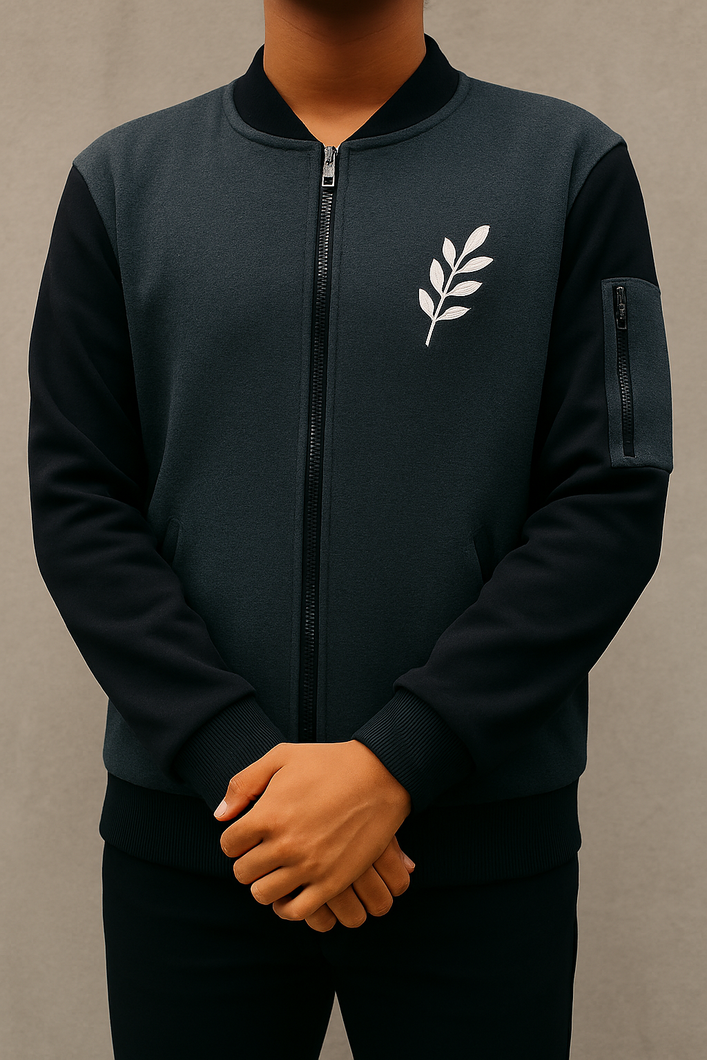 New Winter Collection Charcoal Grey Leaf Printed Zipper Jacket for Men &amp; Boys – Warm &amp; Stylish Fleece Outerwear View Gallery - Pakistan