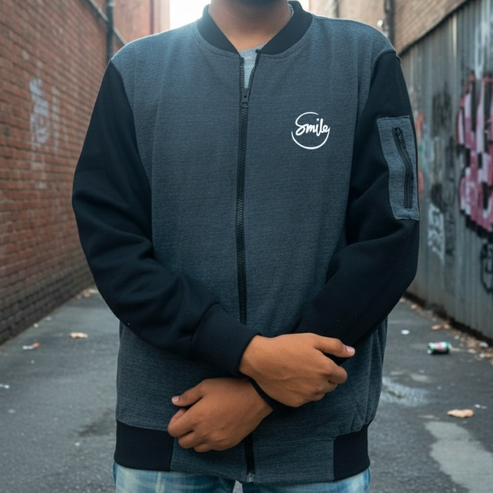 New Winter Collection Charcoal Grey “Smile” Printed Zipper Jacket for Men &amp; Boys – Premium French Fleece, Stylish, Warm &amp; Comfortable Winter Wear (M, L, XL) View Gallery - Pakistan
