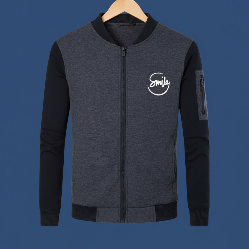New Winter Collection Charcoal Grey “Smile” Printed Zipper Jacket for Men &amp; Boys – Premium French Fleece, Stylish, Warm &amp; Comfortable Winter Wear (M, L, XL) View Gallery - Pakistan