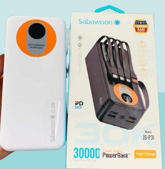 Sabawoon 30000mAh Power Bank – Fast Charging, Built-in 4 Cables, Lithium Battery, Universal Mobile Compatibility View Gallery - Pakistan