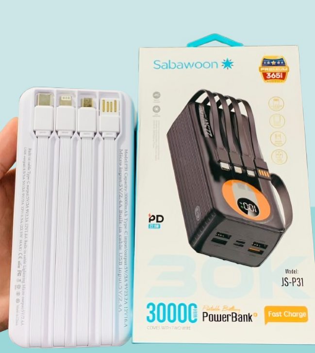 Sabawoon 30000mAh Power Bank – Fast Charging, Built-in 4 Cables, Lithium Battery, Universal Mobile Compatibility View Gallery - Pakistan