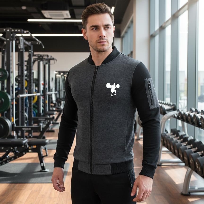 New Winter Collection Charcoal Grey Gym Printed Zipper Jacket for Men &amp; Boys – French Fleece, Premium Quality, Stylish &amp; Comfortable Winter Wear View Gallery - Pakistan