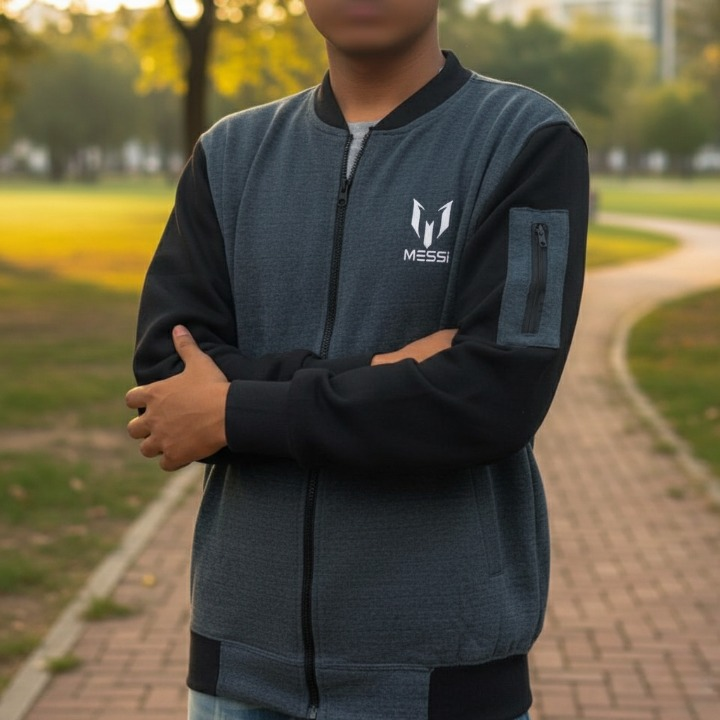 New Winter Collection Charcoal Grey Messi Printed Zipper Jacket for Men &amp; Boys – Premium French Fleece, Smart Fit, Stylish &amp; Comfortable Winter Wear View Gallery - Pakistan